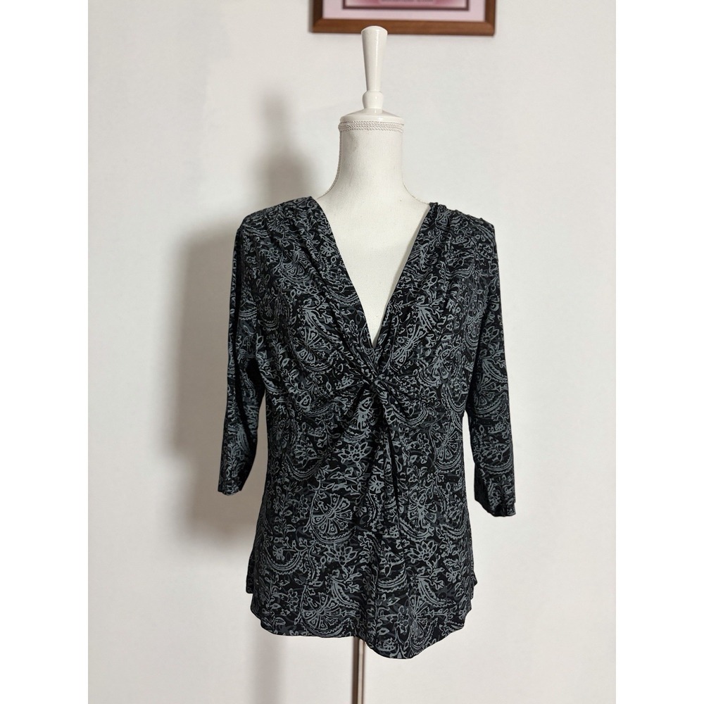 Fresh Produce Mystic Twist Front Top XL Grey Paisley 3/4 Sleeve Made in USA